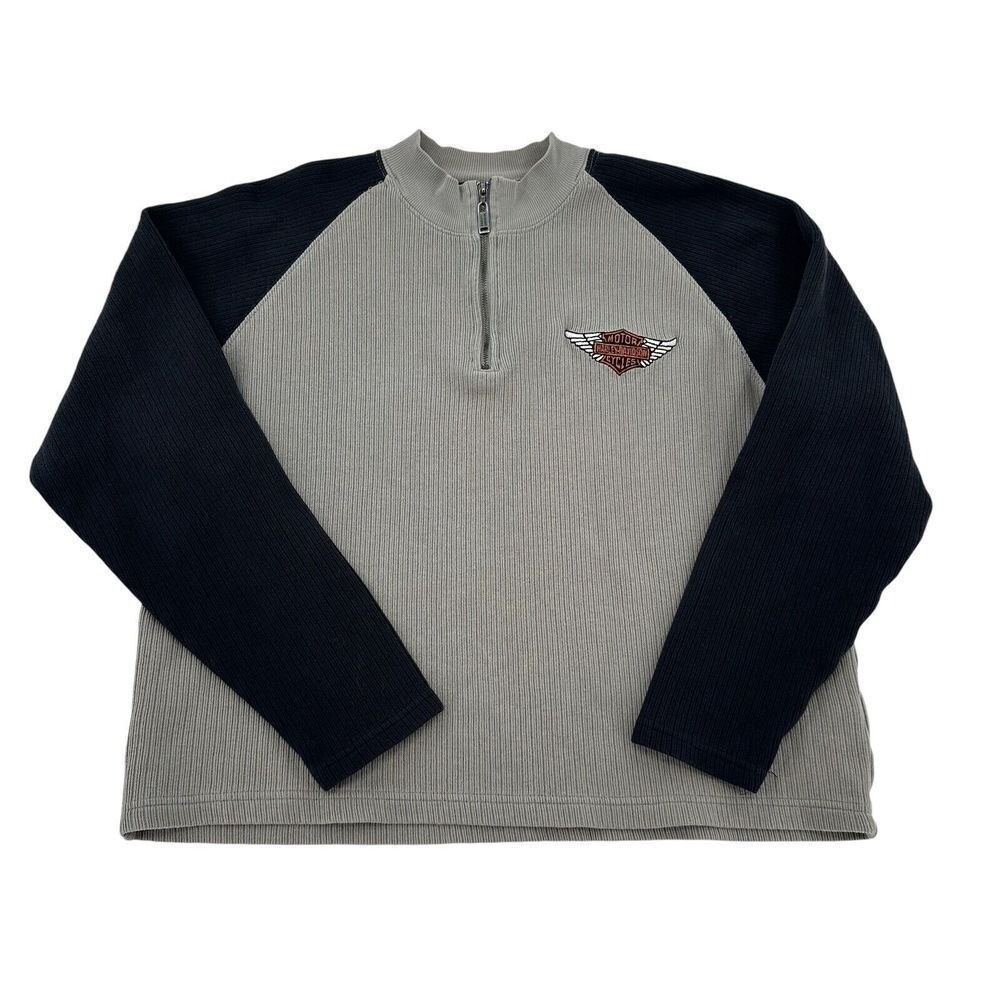 Harley-Davidson Mens Large Grey Black Ribbed 1/4 Zip Pullover Sweater Logo Bike